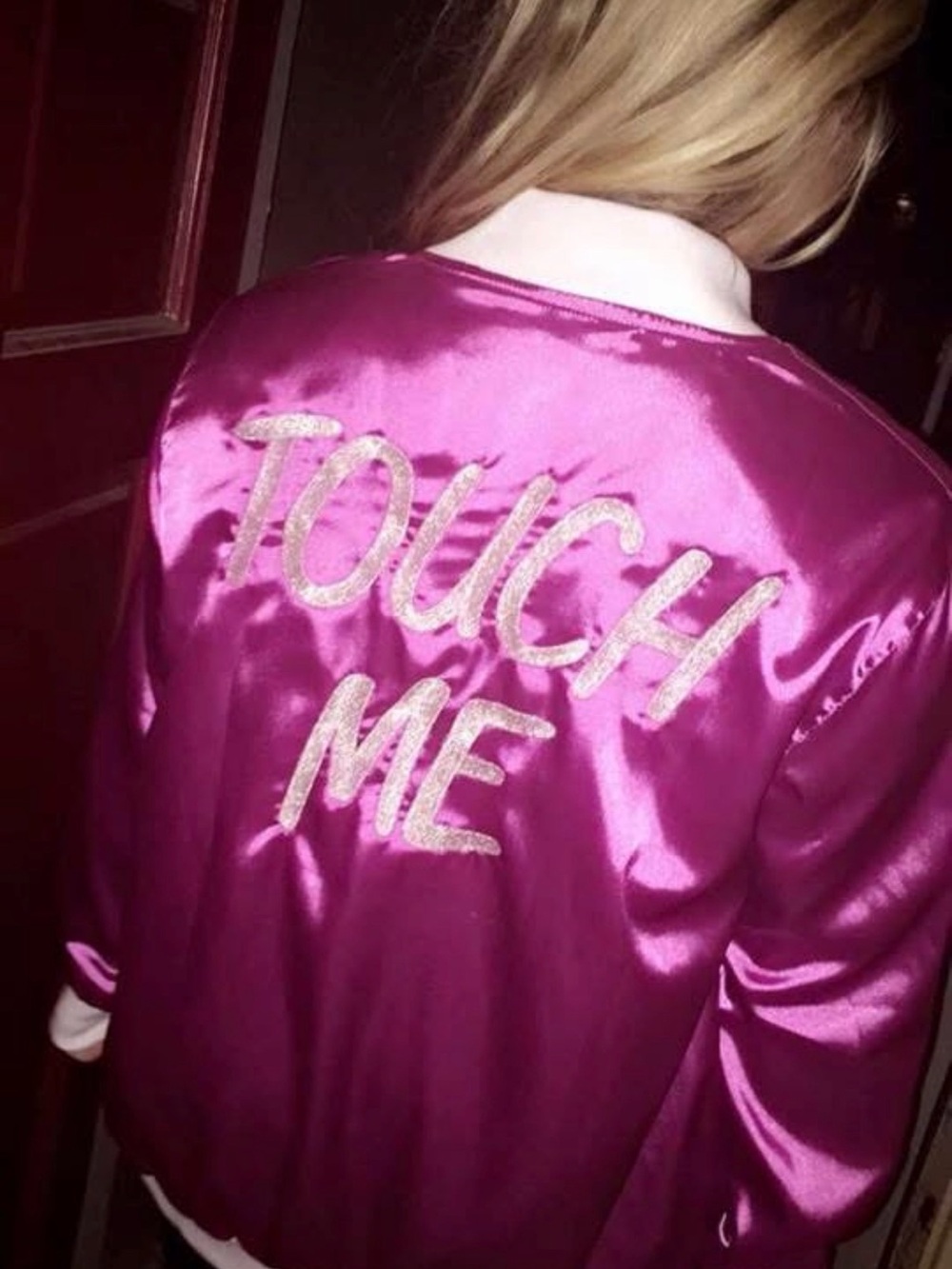 Local Hero’s Women’s Satin Bomber Jacket - Fuchsia with 'TOUCH ME' Embroidery